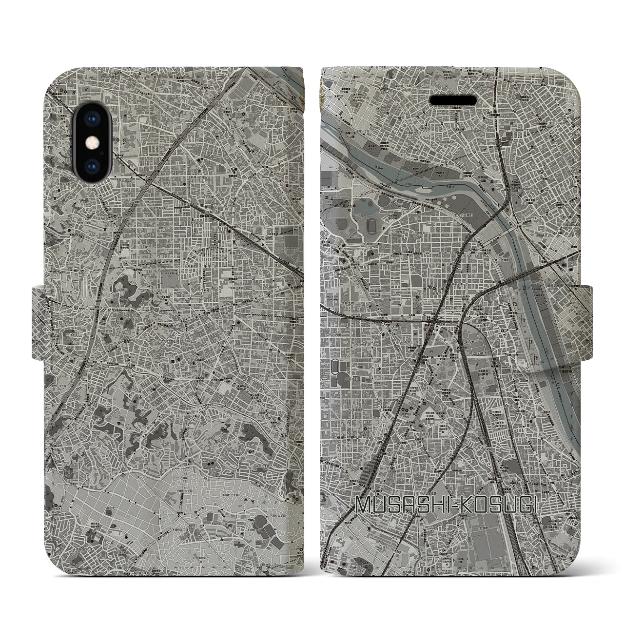 【武蔵小杉(神奈川県)】地図柄iPhoneケース(手帳タイプ)モノトーン・iPhone XS / X 用