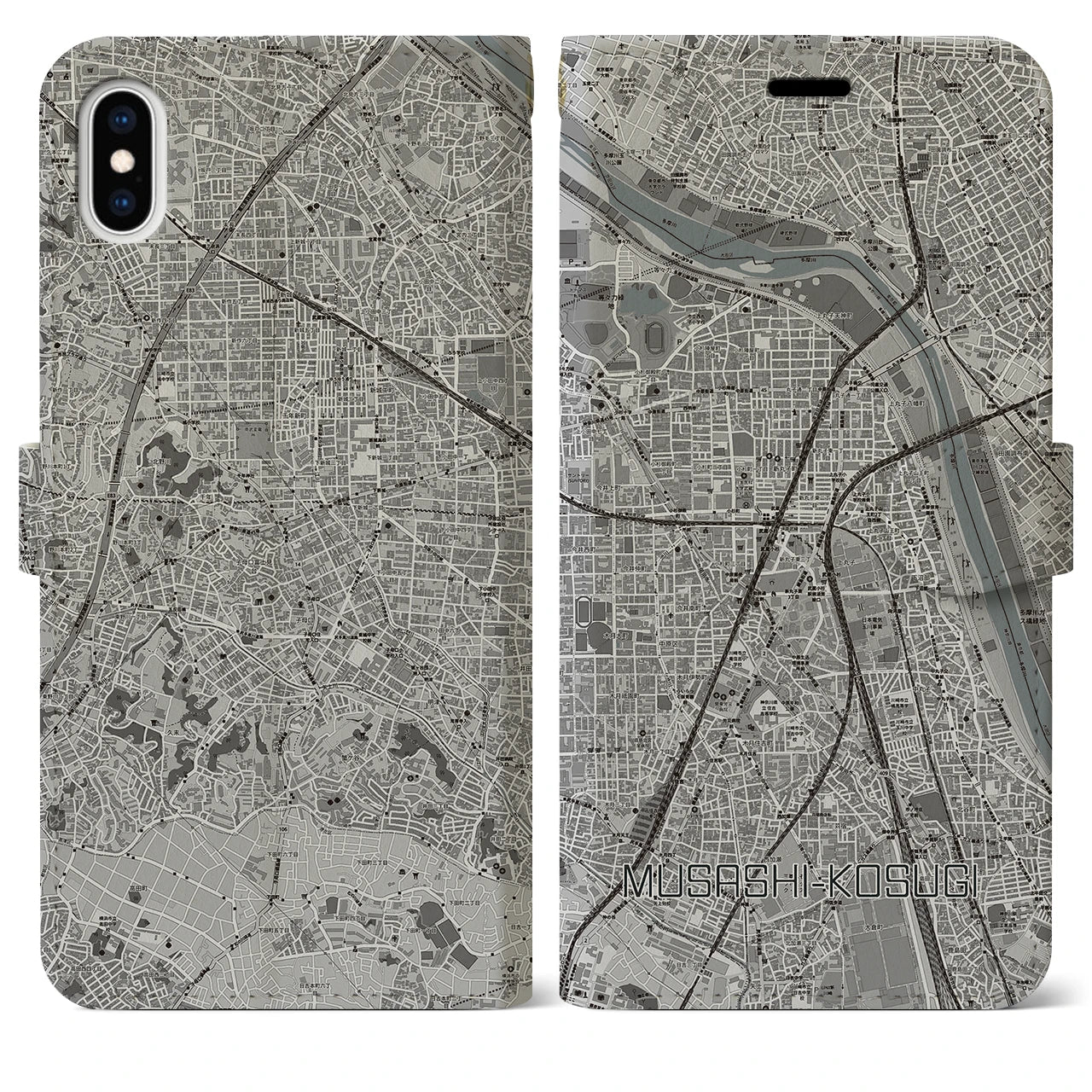 【武蔵小杉(神奈川県)】地図柄iPhoneケース(手帳タイプ)モノトーン・iPhone XS Max 用