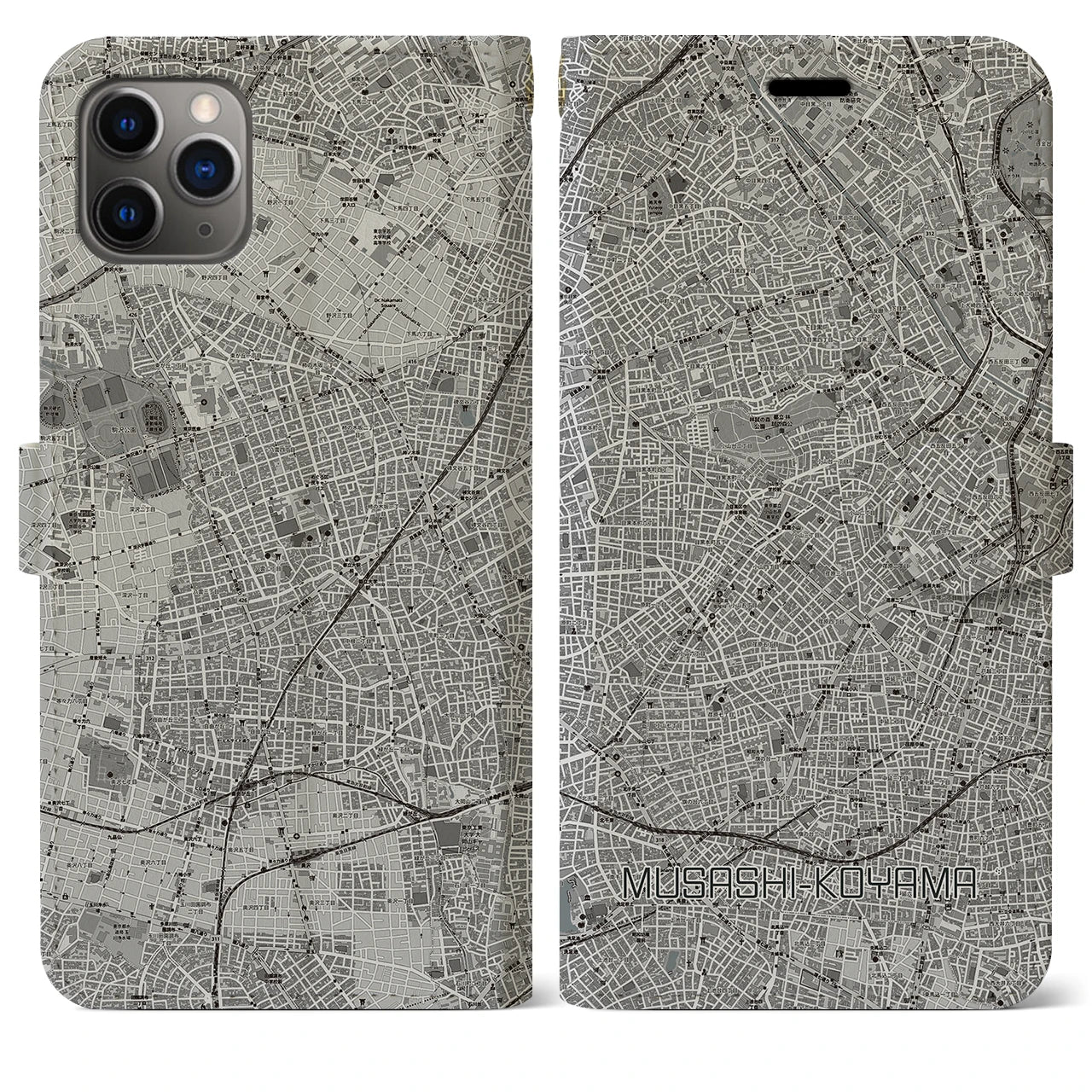 【武蔵小山(東京都)】地図柄iPhoneケース(手帳タイプ)モノトーン・iPhone 11 Pro Max 用