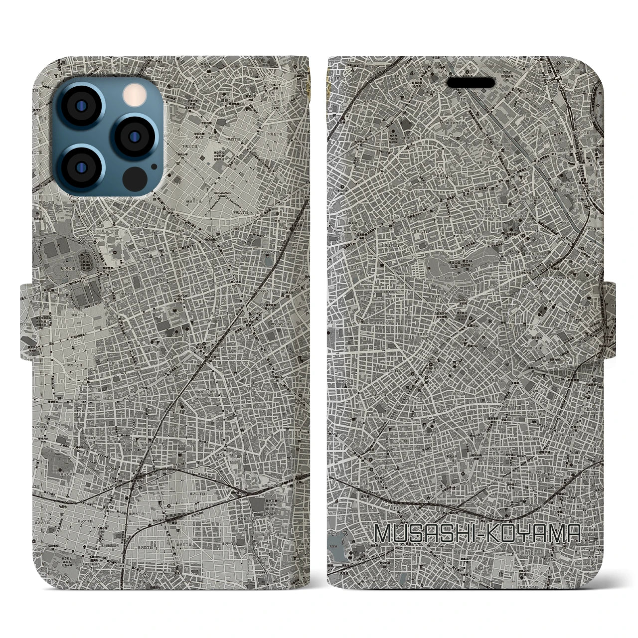 【武蔵小山(東京都)】地図柄iPhoneケース(手帳タイプ)モノトーン・iPhone 12 / 12 Pro 用
