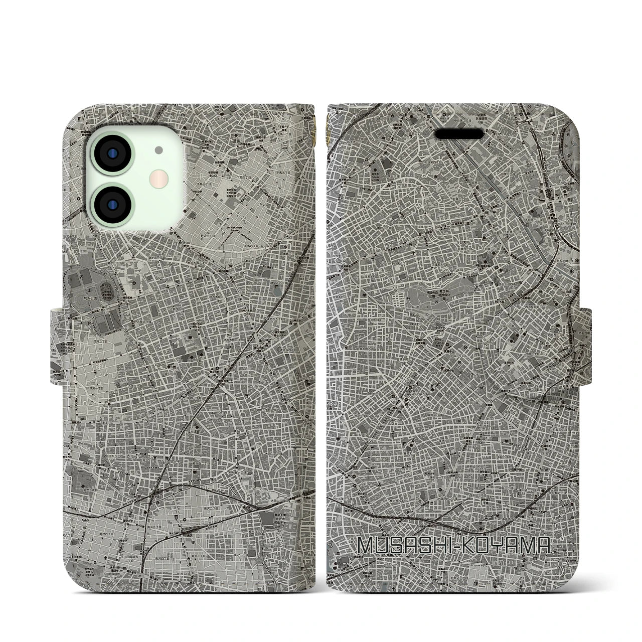 【武蔵小山(東京都)】地図柄iPhoneケース(手帳タイプ)モノトーン・iPhone 12 mini 用