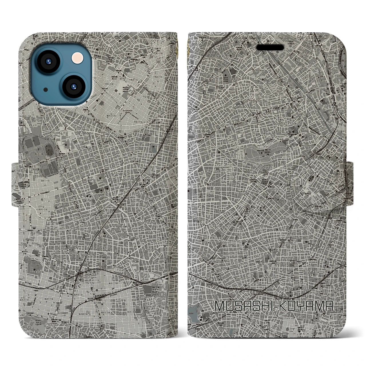 【武蔵小山(東京都)】地図柄iPhoneケース(手帳タイプ)モノトーン・iPhone 13 用