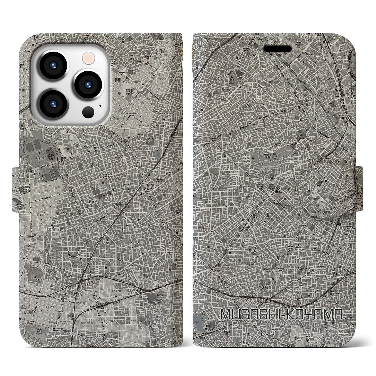 【武蔵小山(東京都)】地図柄iPhoneケース(手帳タイプ)モノトーン・iPhone 13 Pro 用