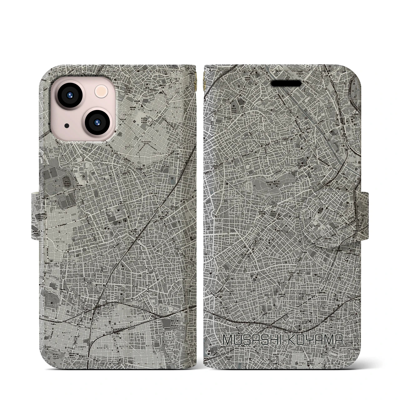 【武蔵小山(東京都)】地図柄iPhoneケース(手帳タイプ)モノトーン・iPhone 13 mini 用