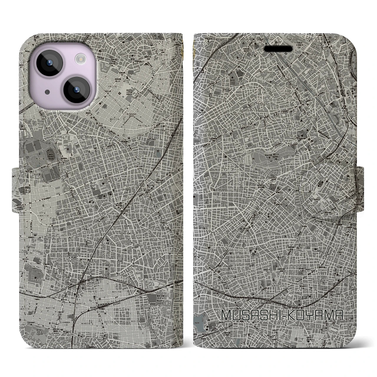 【武蔵小山(東京都)】地図柄iPhoneケース(手帳タイプ)モノトーン・iPhone 14 用