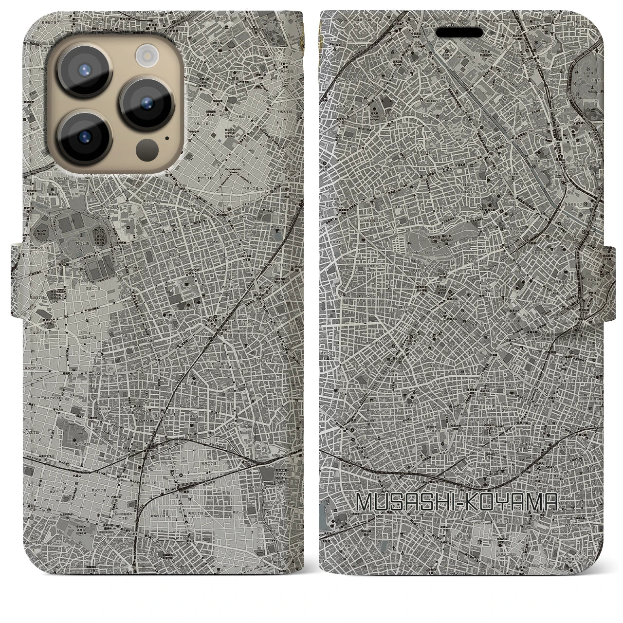 【武蔵小山(東京都)】地図柄iPhoneケース(手帳タイプ)モノトーン・iPhone 14 Pro Max 用