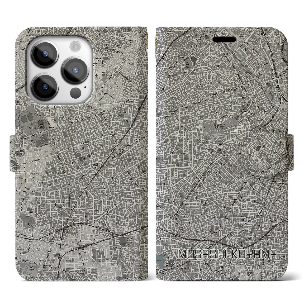 【武蔵小山(東京都)】地図柄iPhoneケース(手帳タイプ)モノトーン・iPhone 14 Pro 用