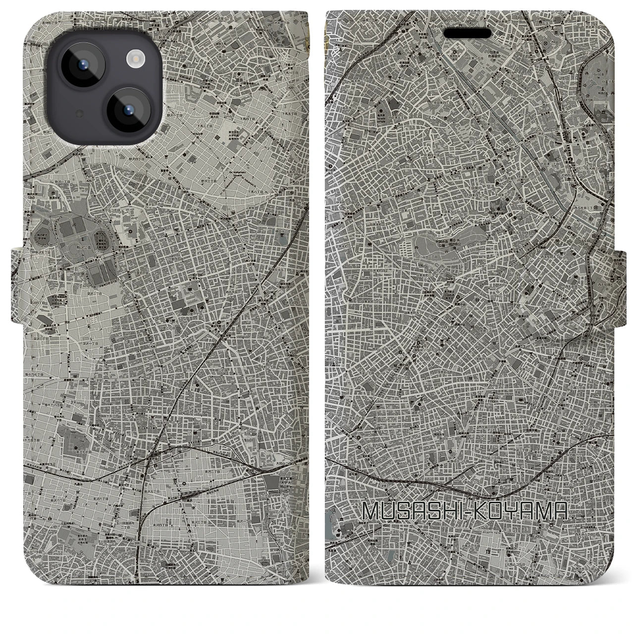 【武蔵小山(東京都)】地図柄iPhoneケース(手帳タイプ)モノトーン・iPhone 14 Plus 用
