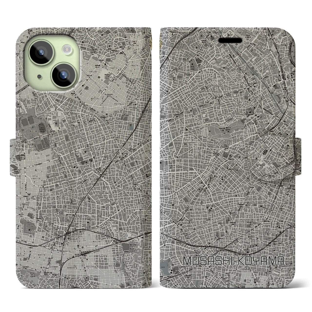 【武蔵小山(東京都)】地図柄iPhoneケース(手帳タイプ)モノトーン・iPhone 15 用