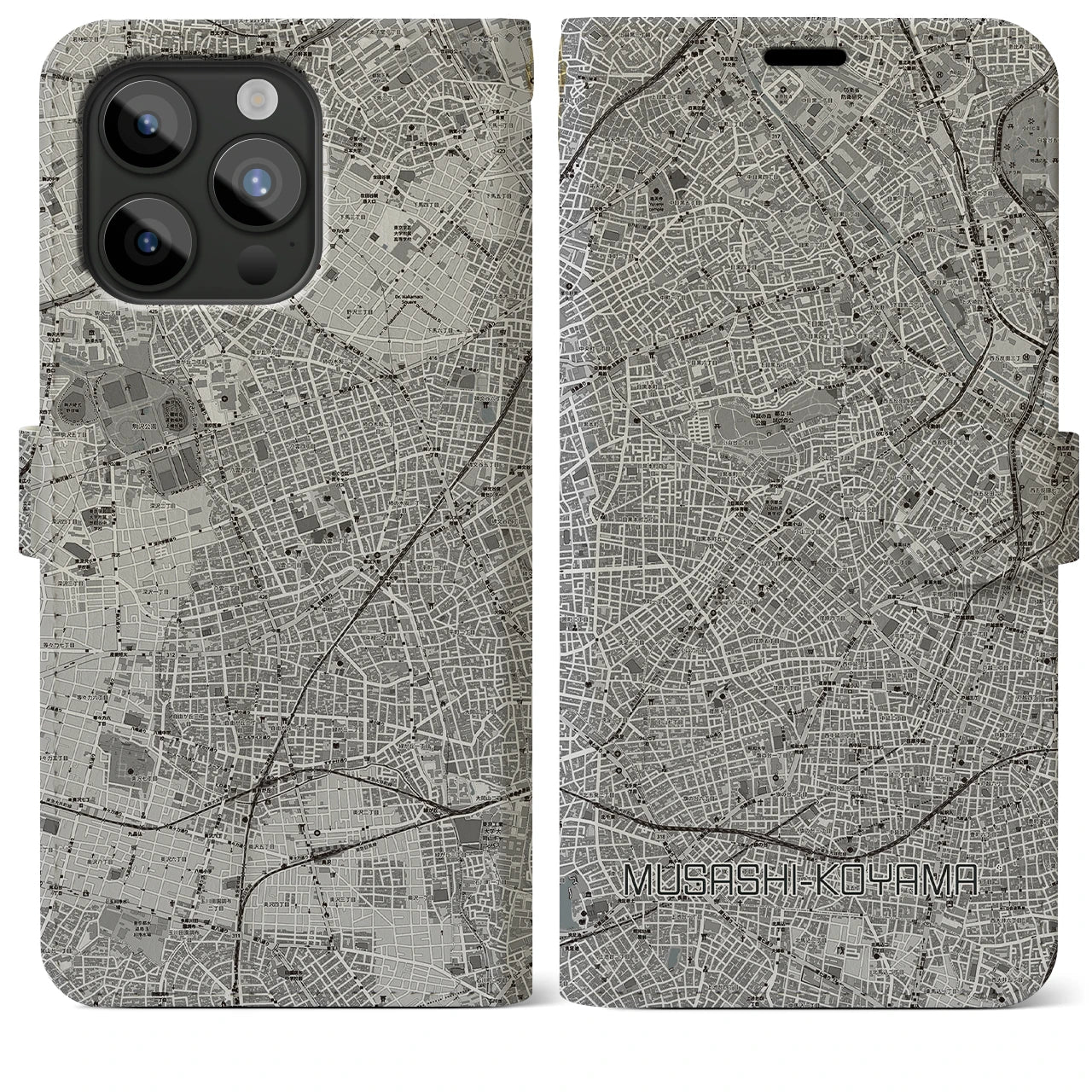 【武蔵小山(東京都)】地図柄iPhoneケース(手帳タイプ)モノトーン・iPhone 15 Pro Max 用