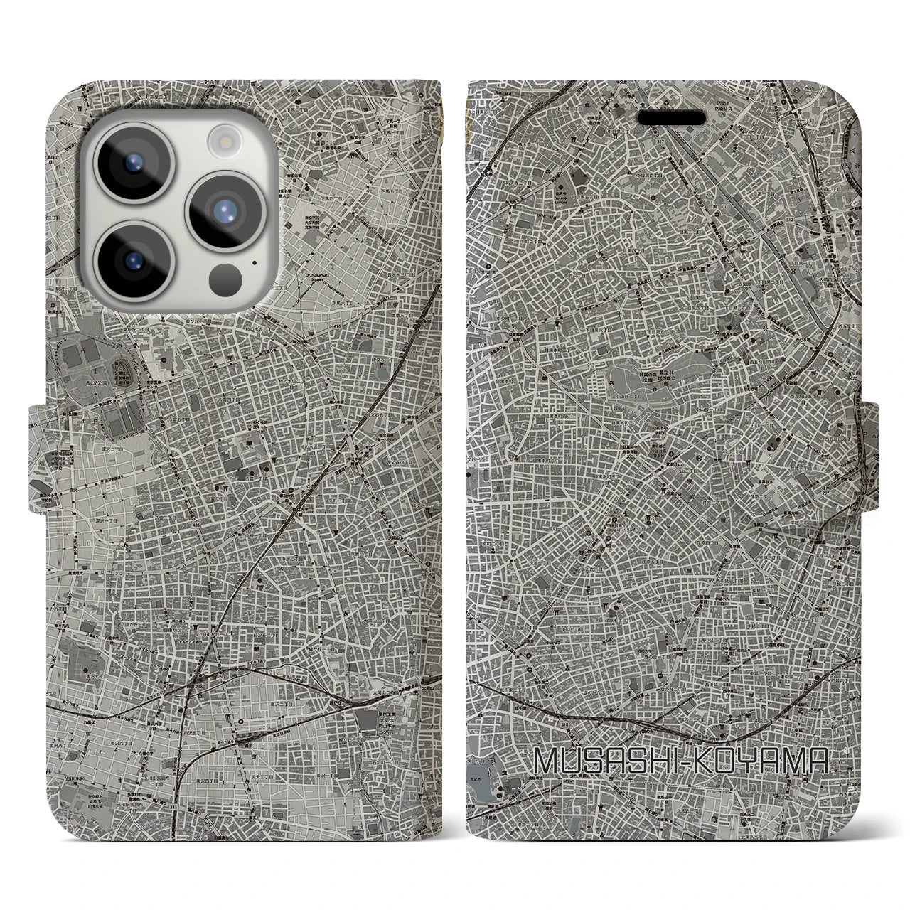 【武蔵小山(東京都)】地図柄iPhoneケース(手帳タイプ)モノトーン・iPhone 15 Pro 用