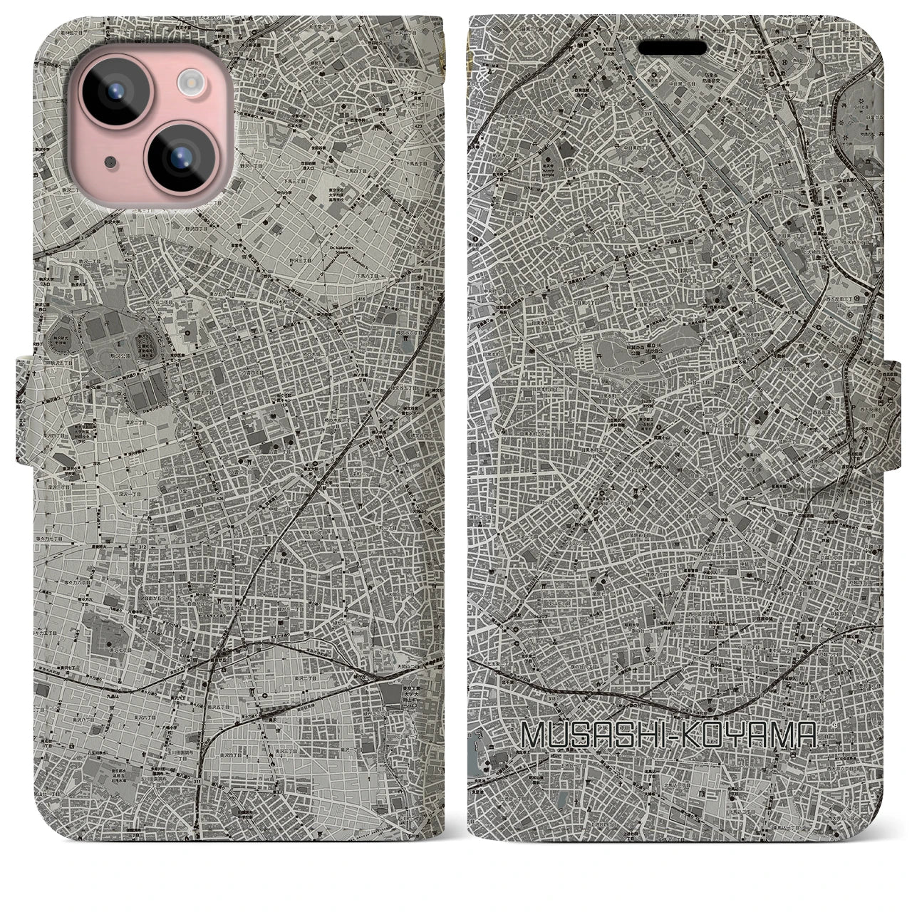 【武蔵小山(東京都)】地図柄iPhoneケース(手帳タイプ)モノトーン・iPhone 15 Plus 用