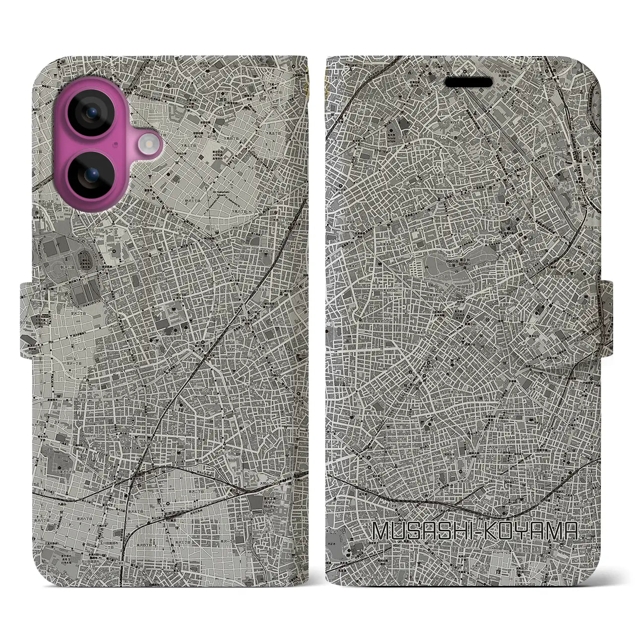 【武蔵小山(東京都)】地図柄iPhoneケース(手帳タイプ)モノトーン・iPhone 16 Pro 用
