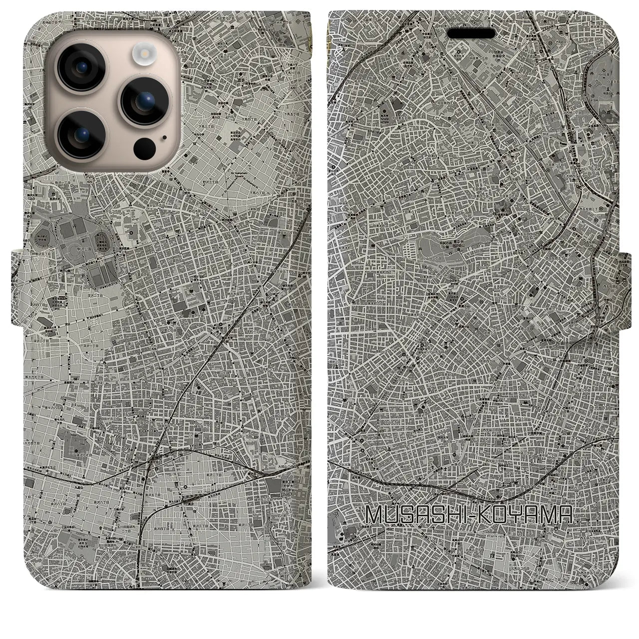 【武蔵小山(東京都)】地図柄iPhoneケース(手帳タイプ)モノトーン・iPhone 16 Plus 用