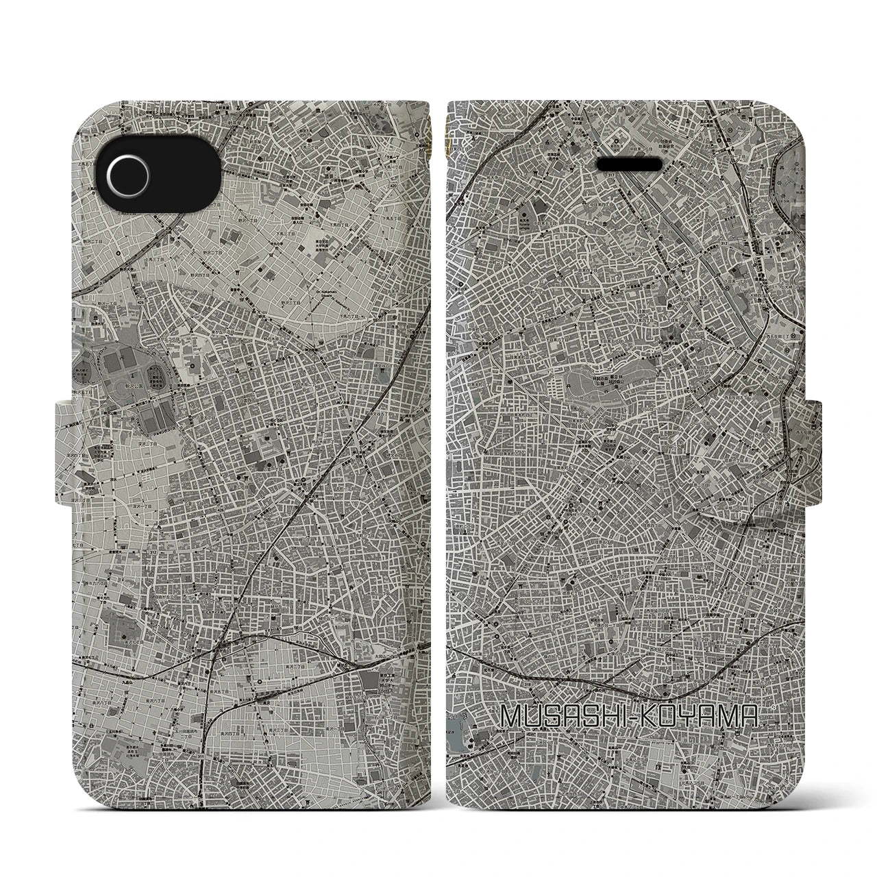 【武蔵小山(東京都)】地図柄iPhoneケース(手帳タイプ)モノトーン・iPhone SE(第3 / 第2世代) / 8 / 7 / 6s / 6 用