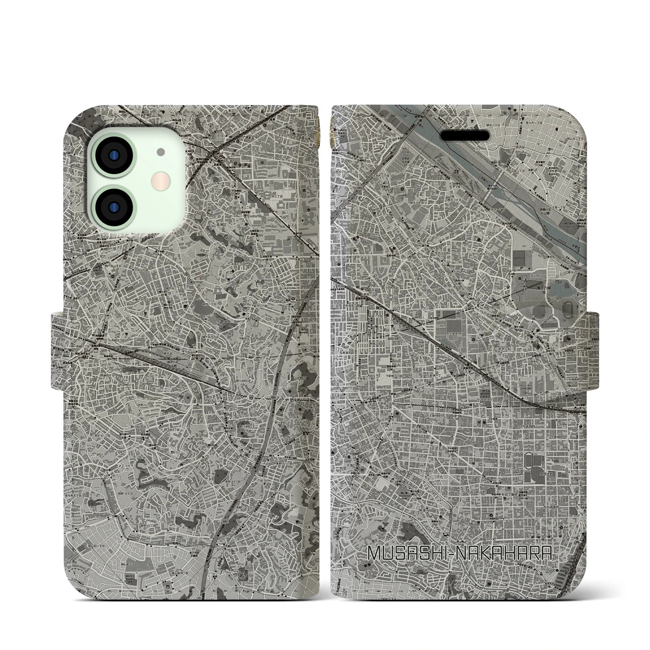 【武蔵中原(神奈川県)】地図柄iPhoneケース(手帳タイプ)モノトーン・iPhone 12 mini 用
