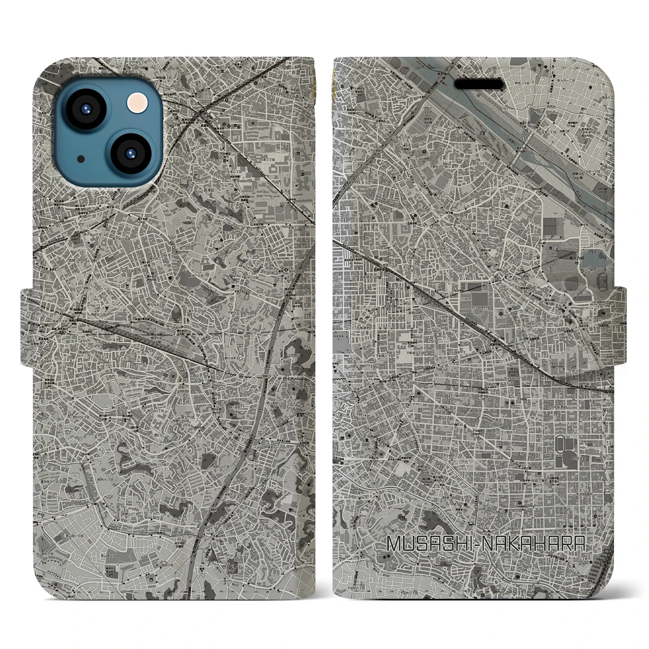 【武蔵中原(神奈川県)】地図柄iPhoneケース(手帳タイプ)モノトーン・iPhone 13 用