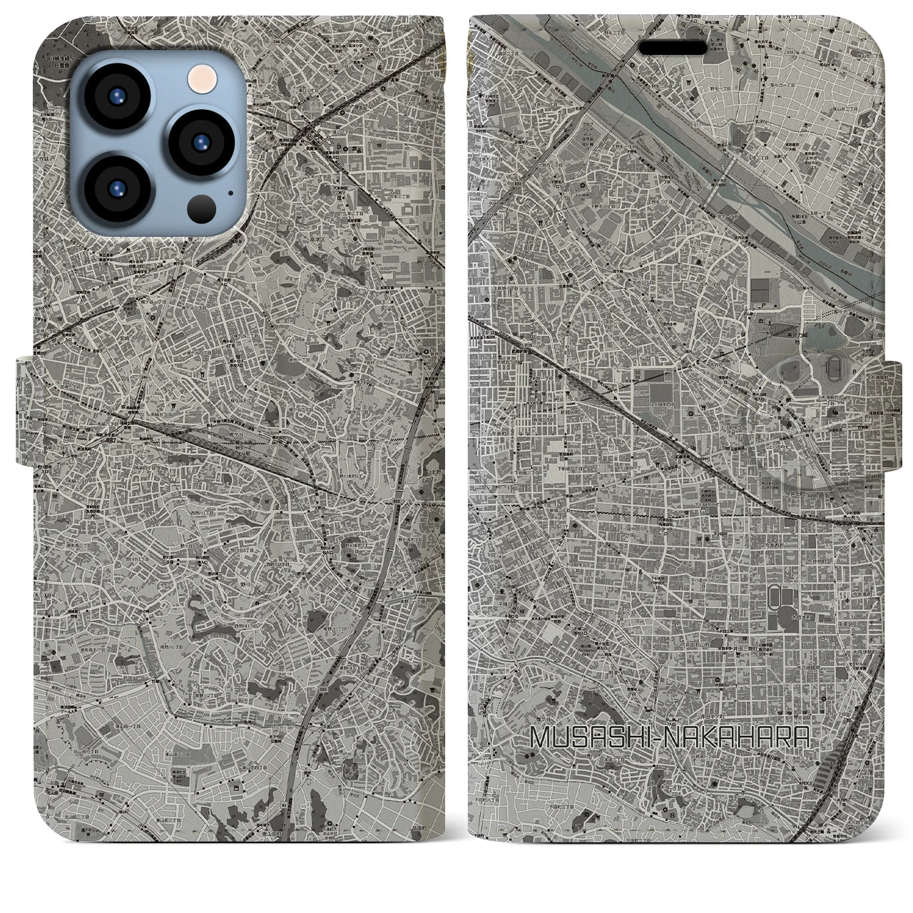 【武蔵中原(神奈川県)】地図柄iPhoneケース(手帳タイプ)モノトーン・iPhone 13 Pro Max 用