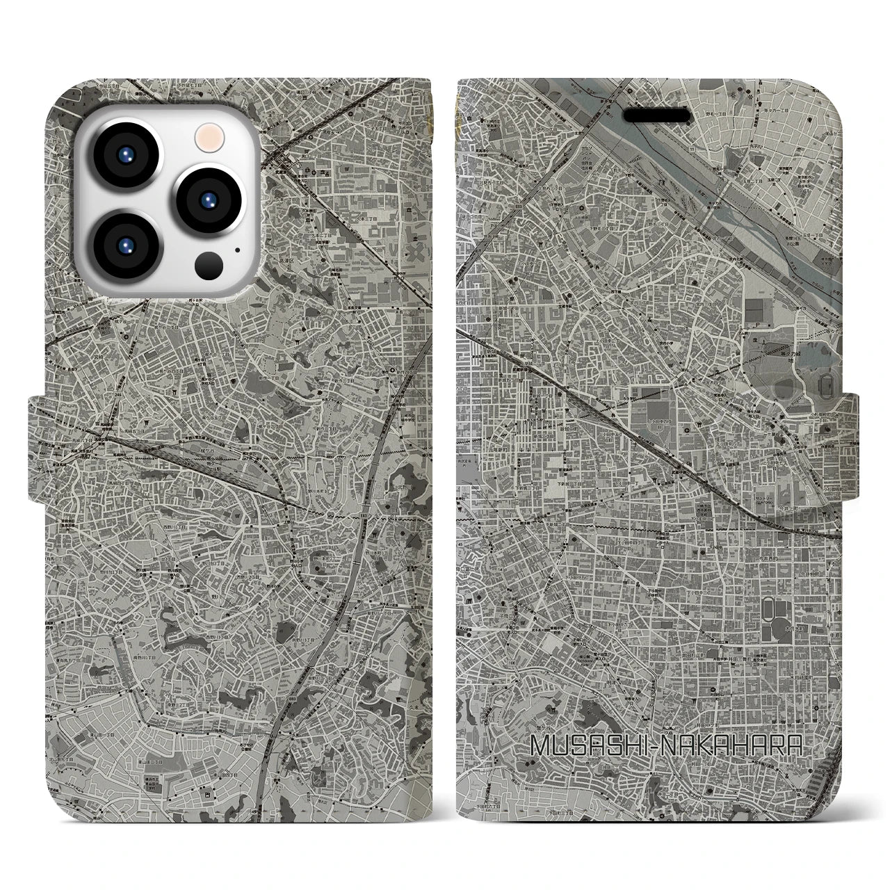 【武蔵中原(神奈川県)】地図柄iPhoneケース(手帳タイプ)モノトーン・iPhone 13 Pro 用