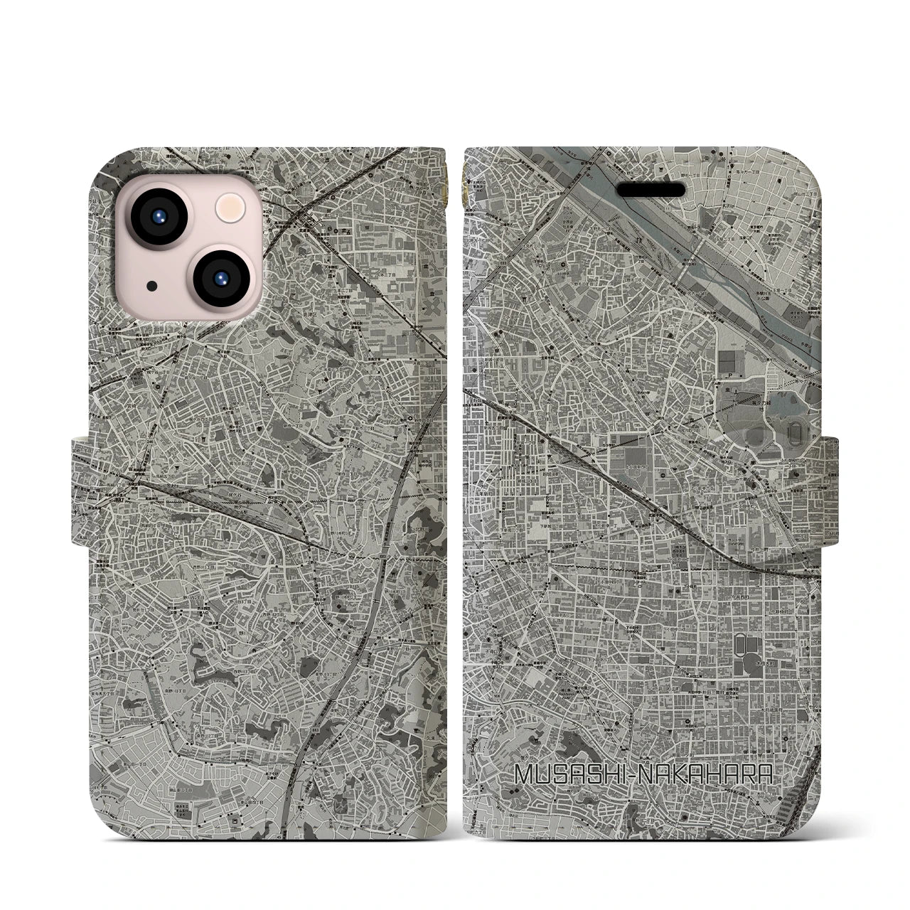 【武蔵中原(神奈川県)】地図柄iPhoneケース(手帳タイプ)モノトーン・iPhone 13 mini 用