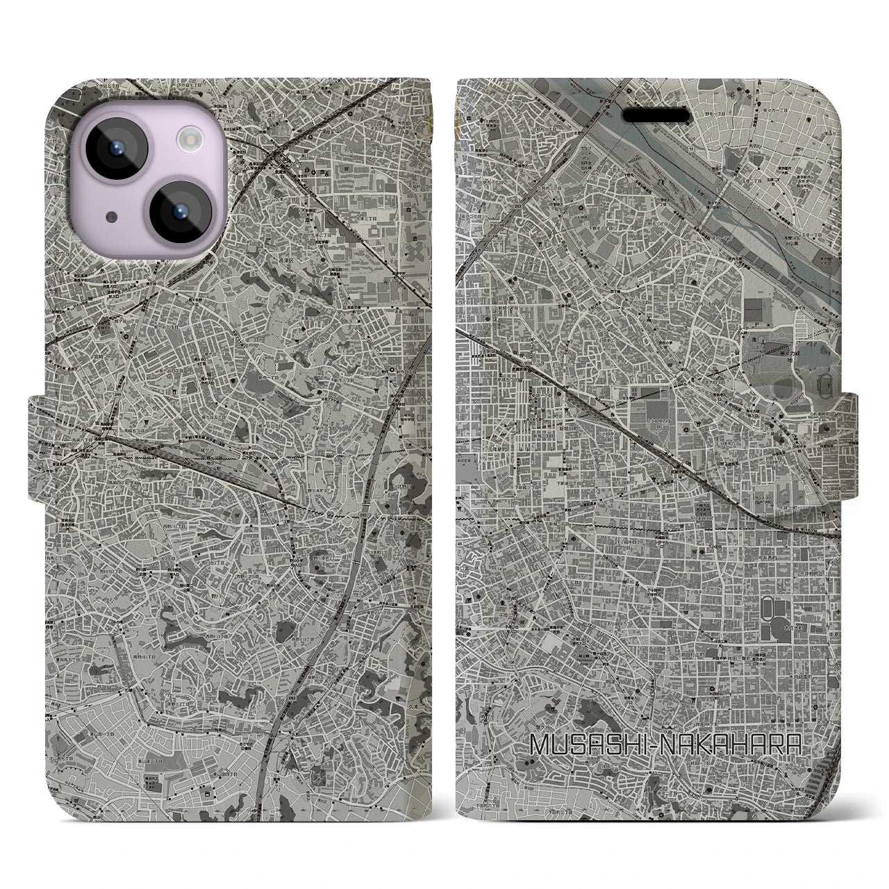 【武蔵中原(神奈川県)】地図柄iPhoneケース(手帳タイプ)モノトーン・iPhone 14 用