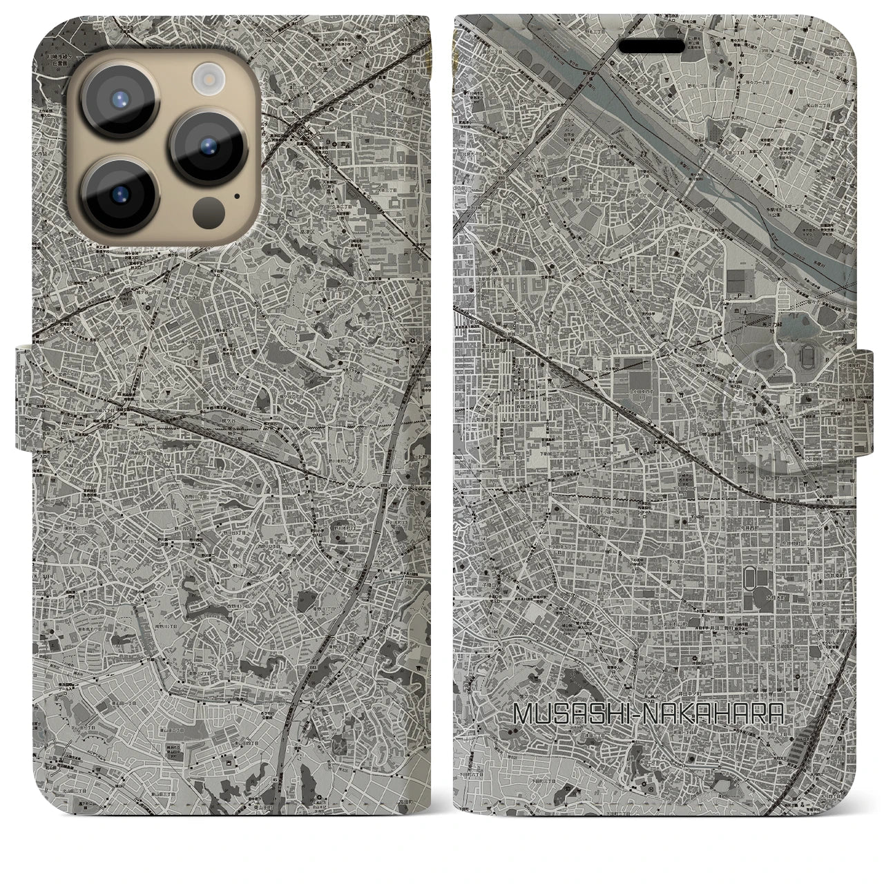 【武蔵中原(神奈川県)】地図柄iPhoneケース(手帳タイプ)モノトーン・iPhone 14 Pro Max 用