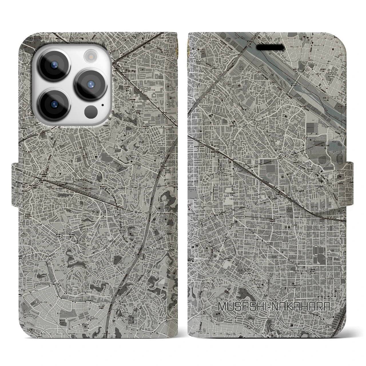 【武蔵中原(神奈川県)】地図柄iPhoneケース(手帳タイプ)モノトーン・iPhone 14 Pro 用