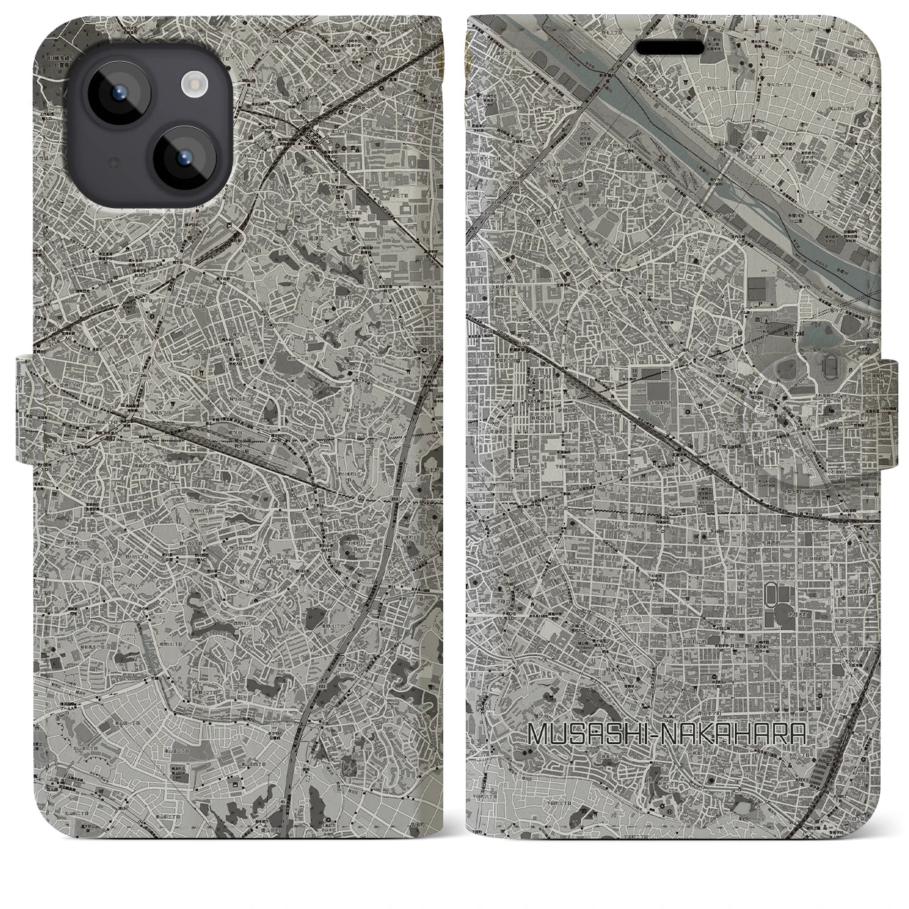 【武蔵中原(神奈川県)】地図柄iPhoneケース(手帳タイプ)モノトーン・iPhone 14 Plus 用