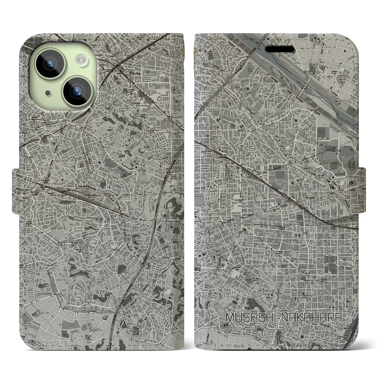 【武蔵中原(神奈川県)】地図柄iPhoneケース(手帳タイプ)モノトーン・iPhone 15 用