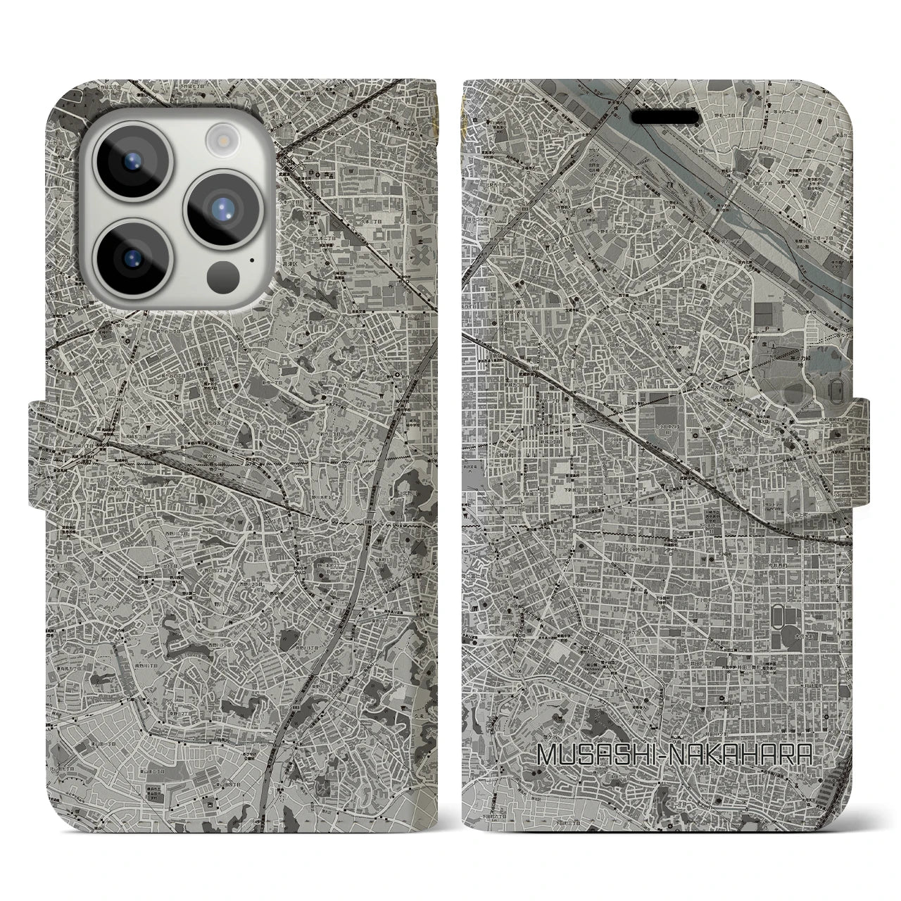 【武蔵中原(神奈川県)】地図柄iPhoneケース(手帳タイプ)モノトーン・iPhone 15 Pro 用