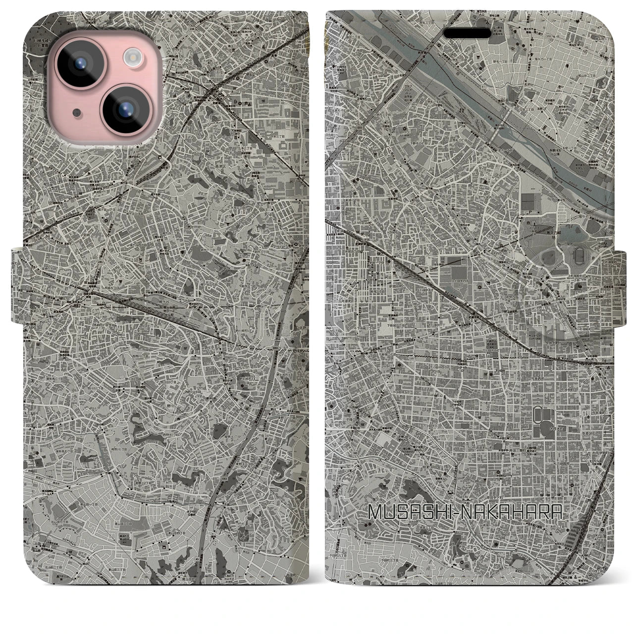 【武蔵中原(神奈川県)】地図柄iPhoneケース(手帳タイプ)モノトーン・iPhone 15 Plus 用