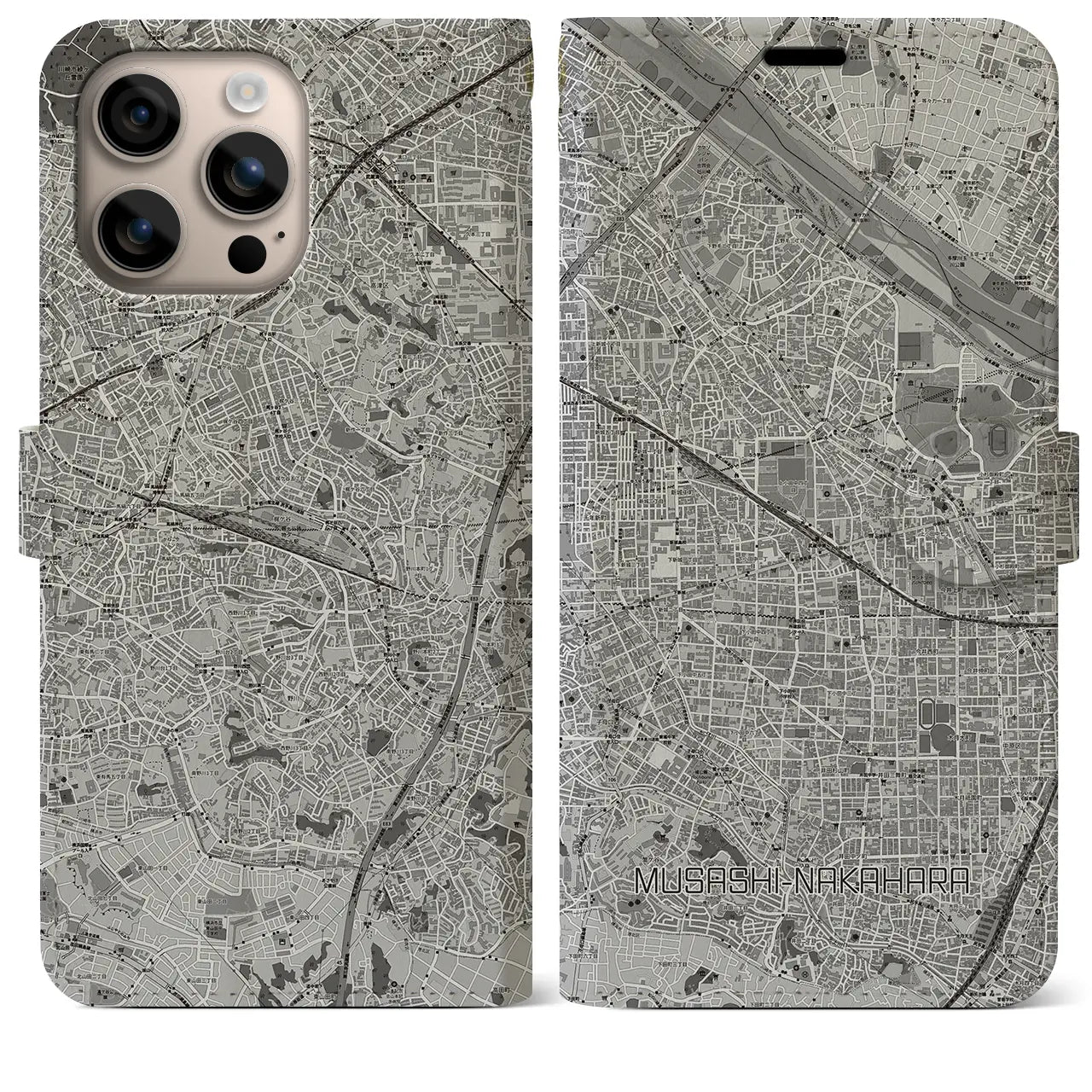【武蔵中原(神奈川県)】地図柄iPhoneケース(手帳タイプ)モノトーン・iPhone 16 Plus 用