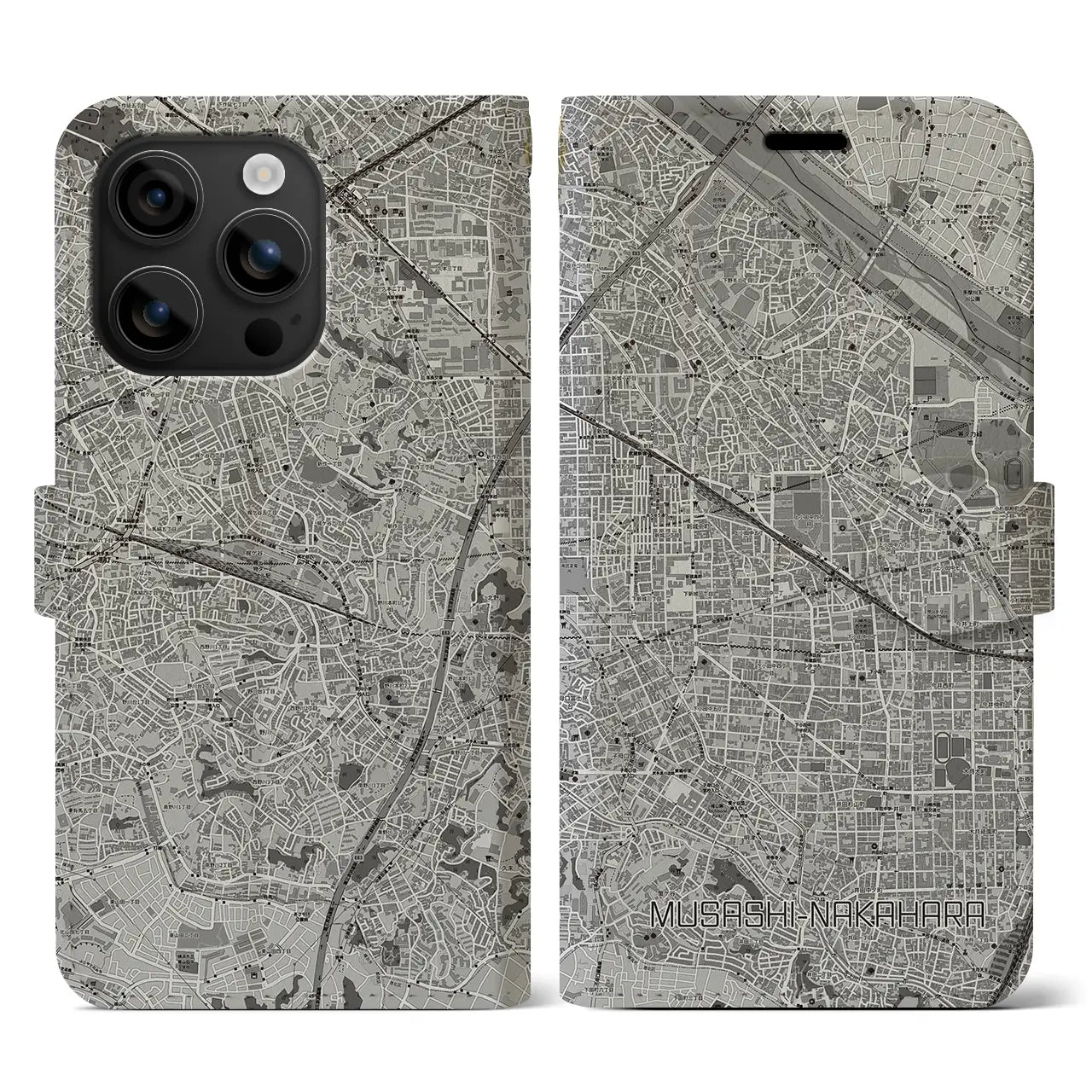 【武蔵中原(神奈川県)】地図柄iPhoneケース(手帳タイプ)モノトーン・iPhone 16 用