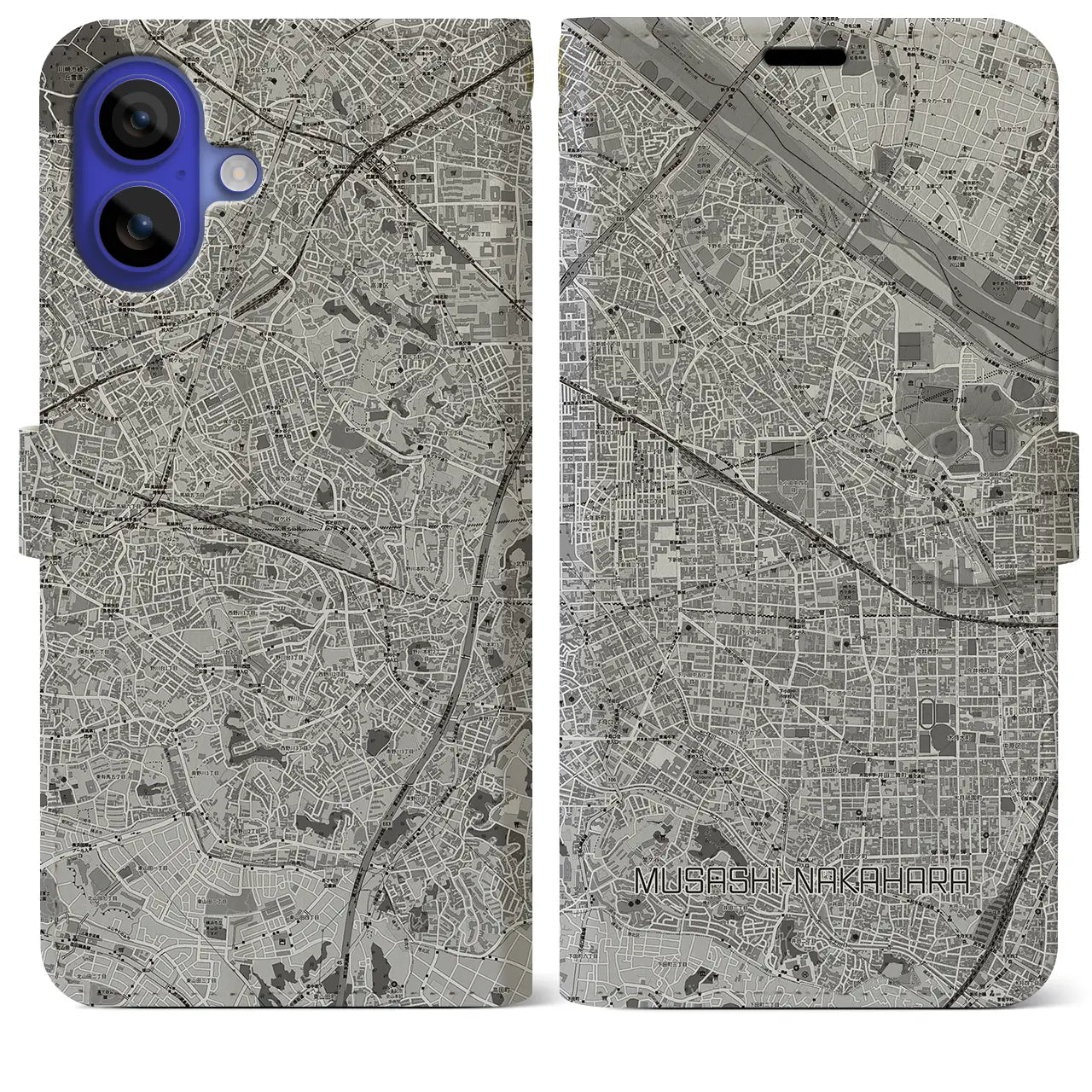 【武蔵中原(神奈川県)】地図柄iPhoneケース(手帳タイプ)モノトーン・iPhone 16 Pro Max 用
