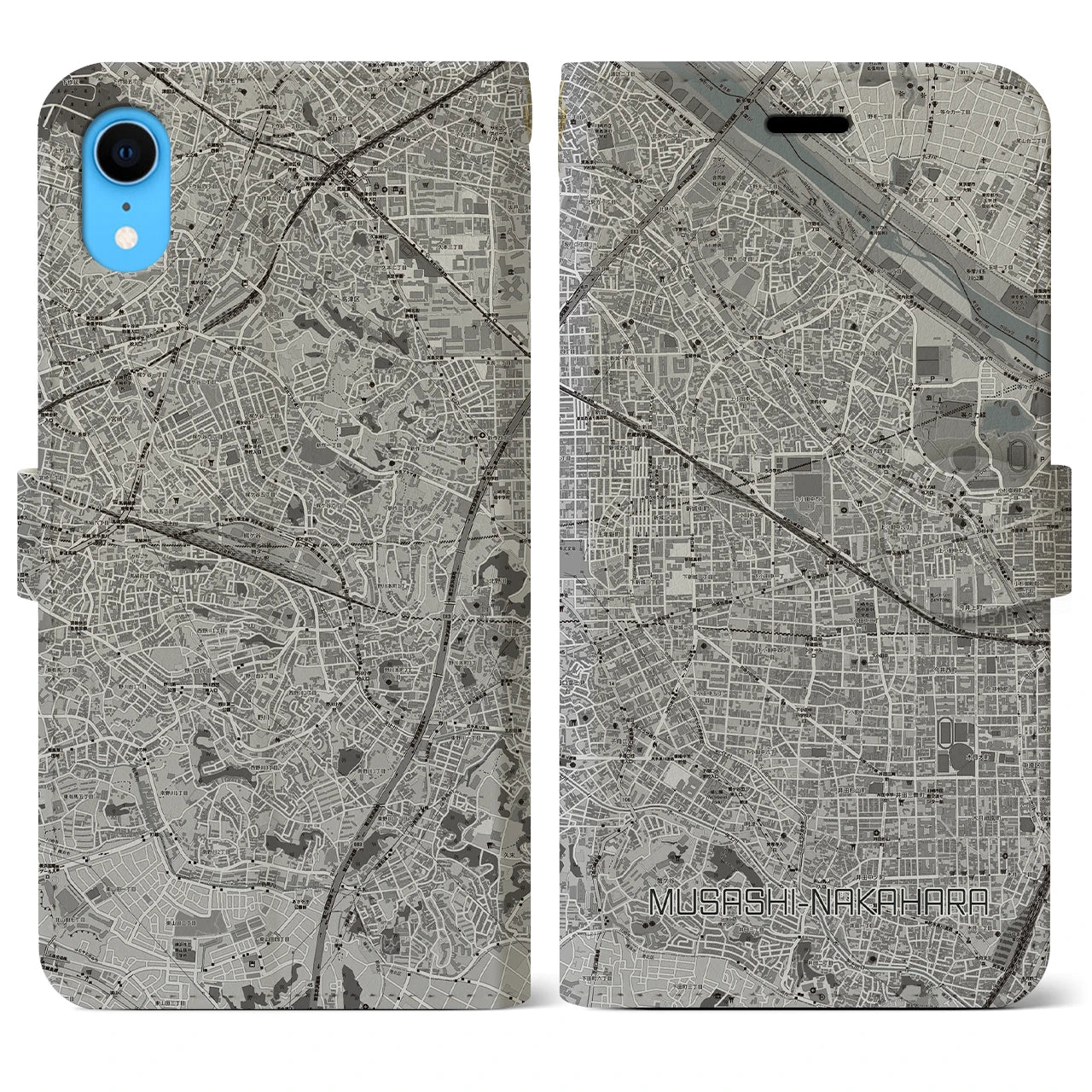 【武蔵中原(神奈川県)】地図柄iPhoneケース(手帳タイプ)モノトーン・iPhone XR 用