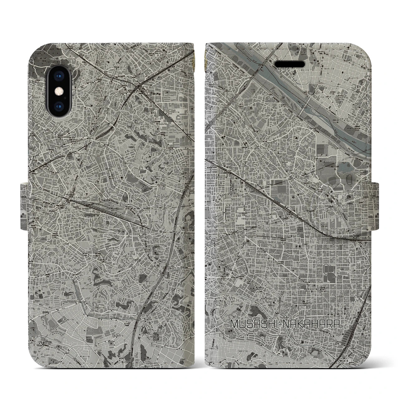 【武蔵中原(神奈川県)】地図柄iPhoneケース(手帳タイプ)モノトーン・iPhone XS / X 用