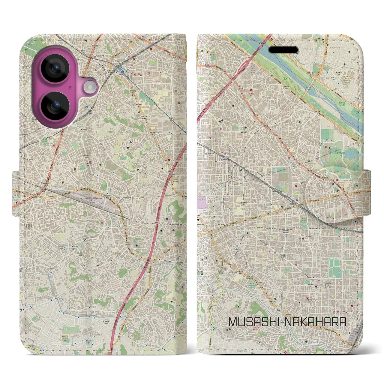 【武蔵中原(神奈川県)】地図柄iPhoneケース(手帳タイプ)ナチュラル・iPhone 16 Pro 用