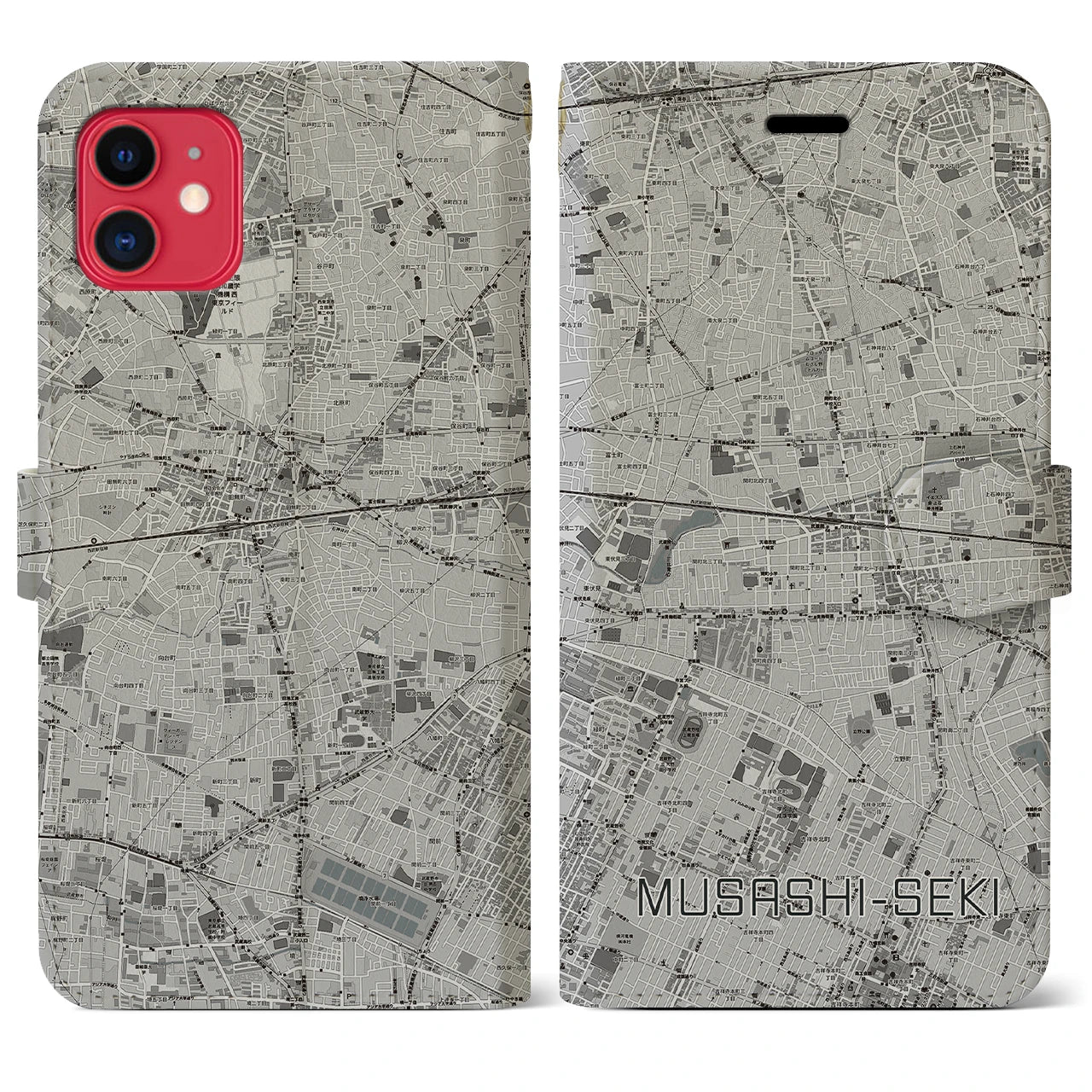 【武蔵関(東京都)】地図柄iPhoneケース(手帳タイプ)モノトーン・iPhone 11 用