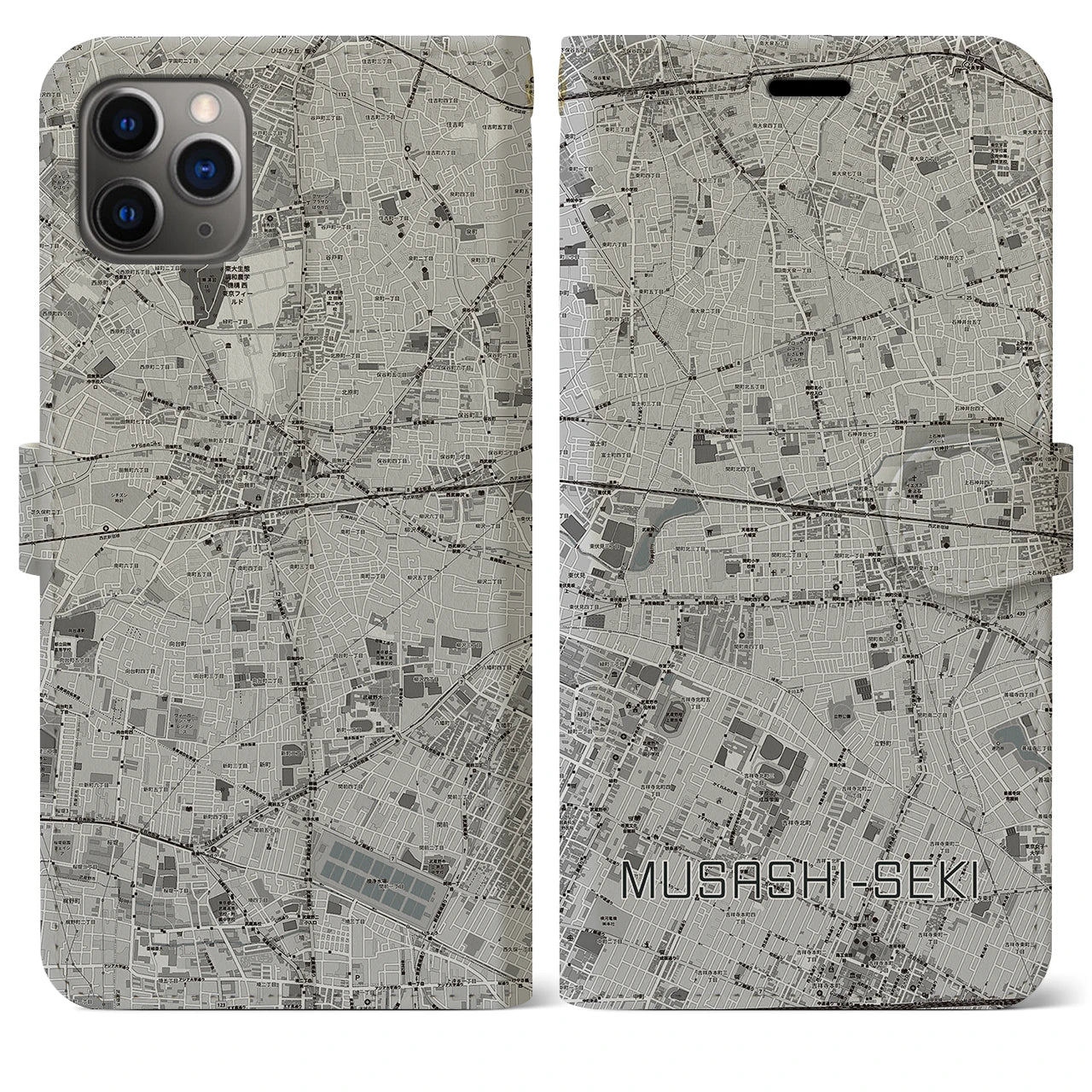 【武蔵関(東京都)】地図柄iPhoneケース(手帳タイプ)モノトーン・iPhone 11 Pro Max 用