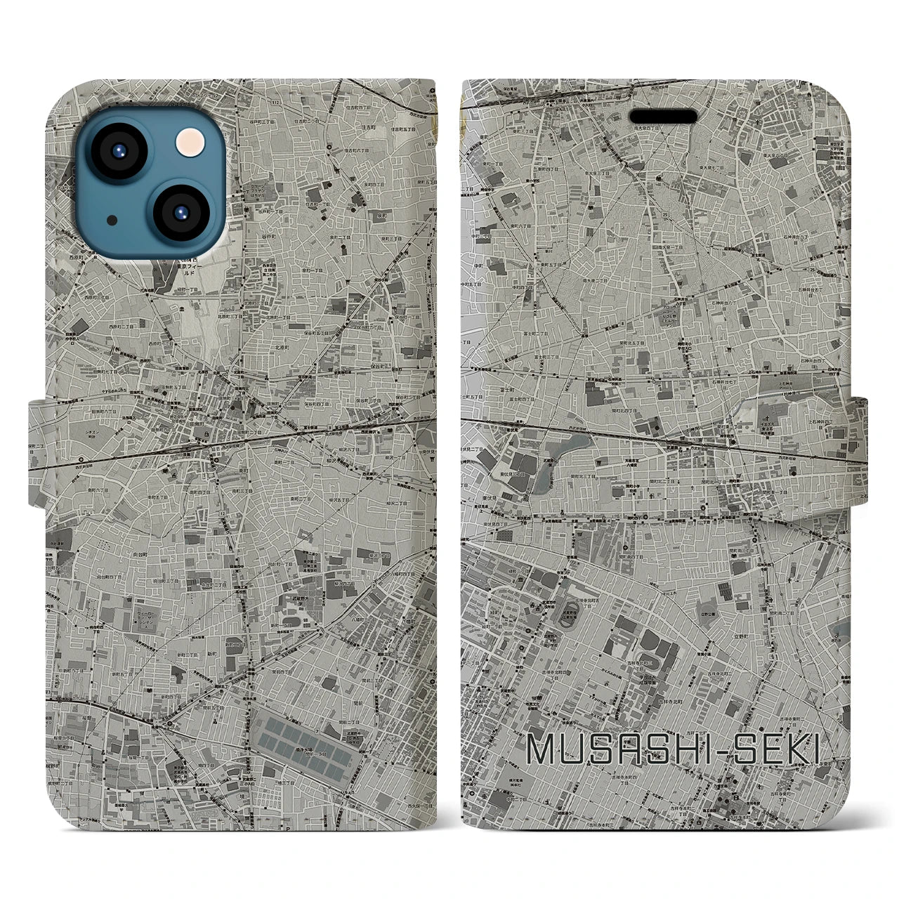 【武蔵関(東京都)】地図柄iPhoneケース(手帳タイプ)モノトーン・iPhone 13 用