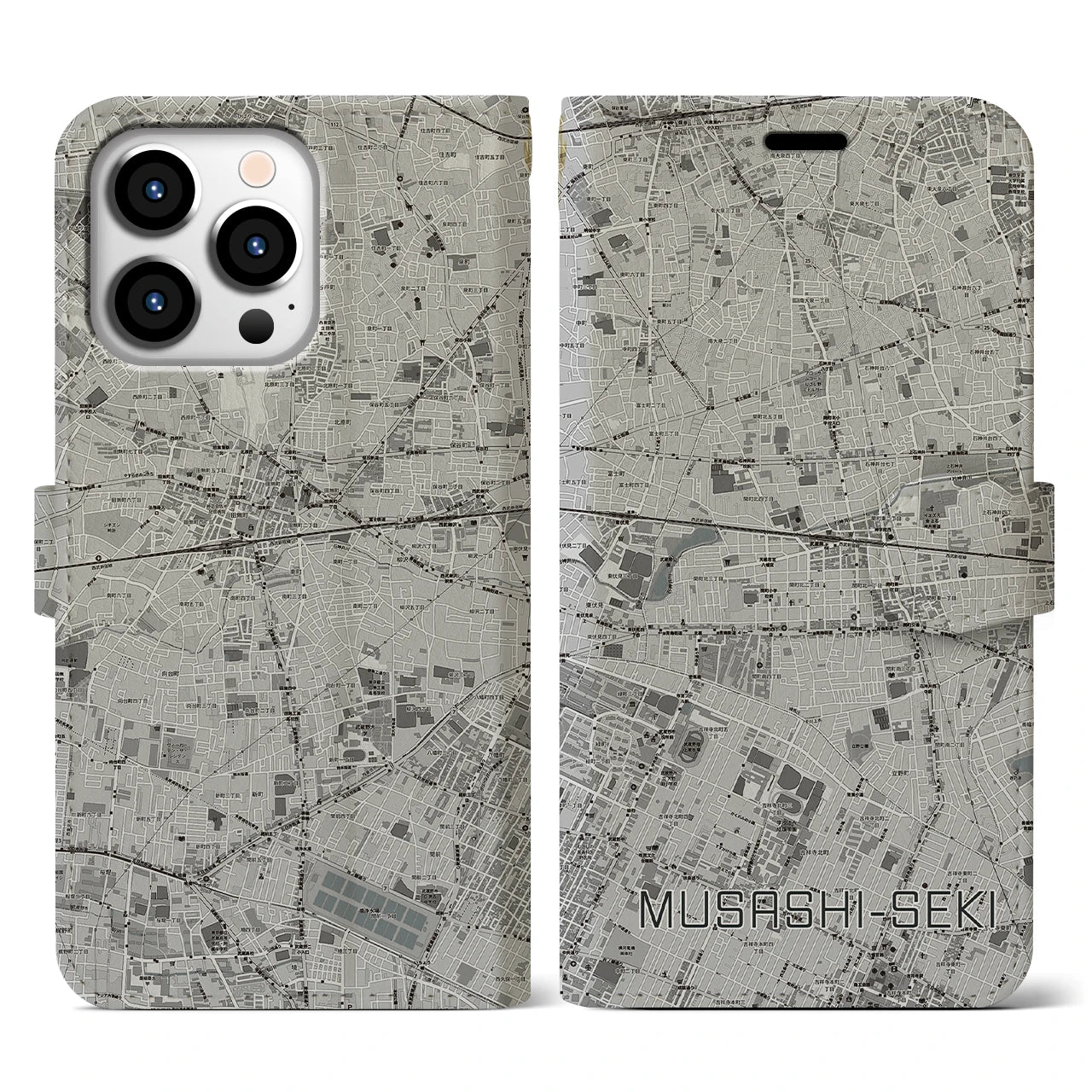 【武蔵関(東京都)】地図柄iPhoneケース(手帳タイプ)モノトーン・iPhone 13 Pro 用