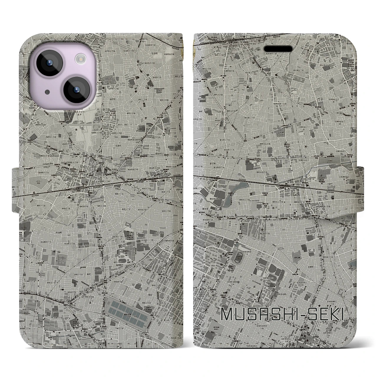 【武蔵関(東京都)】地図柄iPhoneケース(手帳タイプ)モノトーン・iPhone 14 用