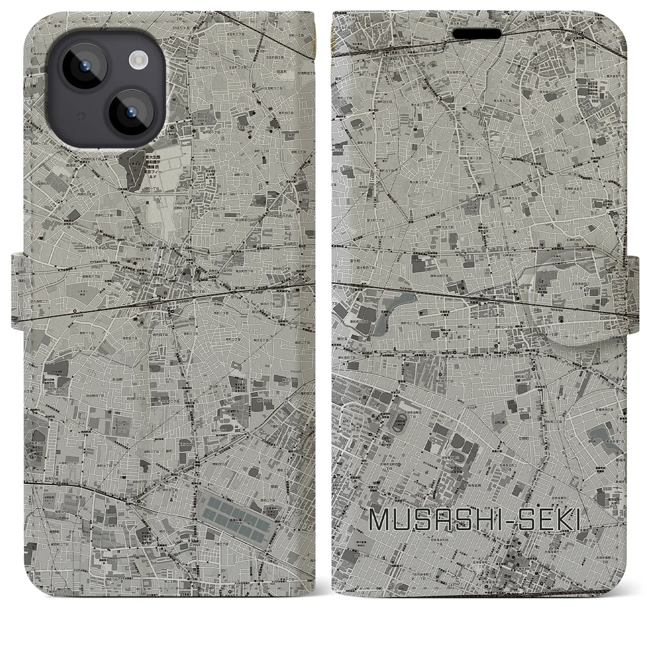 【武蔵関(東京都)】地図柄iPhoneケース(手帳タイプ)モノトーン・iPhone 14 Plus 用