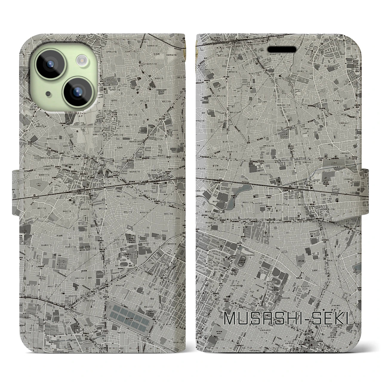 【武蔵関(東京都)】地図柄iPhoneケース(手帳タイプ)モノトーン・iPhone 15 用