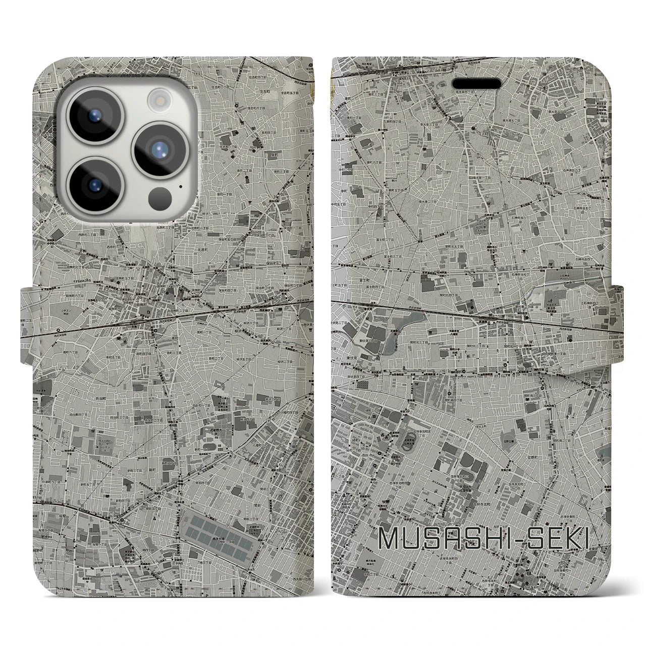 【武蔵関(東京都)】地図柄iPhoneケース(手帳タイプ)モノトーン・iPhone 15 Pro 用