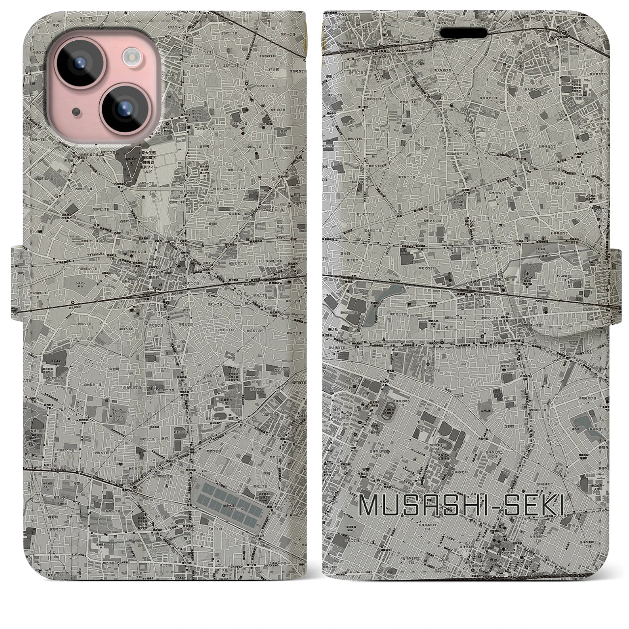 【武蔵関(東京都)】地図柄iPhoneケース(手帳タイプ)モノトーン・iPhone 15 Plus 用