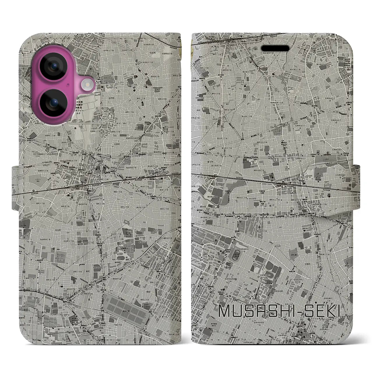 【武蔵関(東京都)】地図柄iPhoneケース(手帳タイプ)モノトーン・iPhone 16 Pro 用