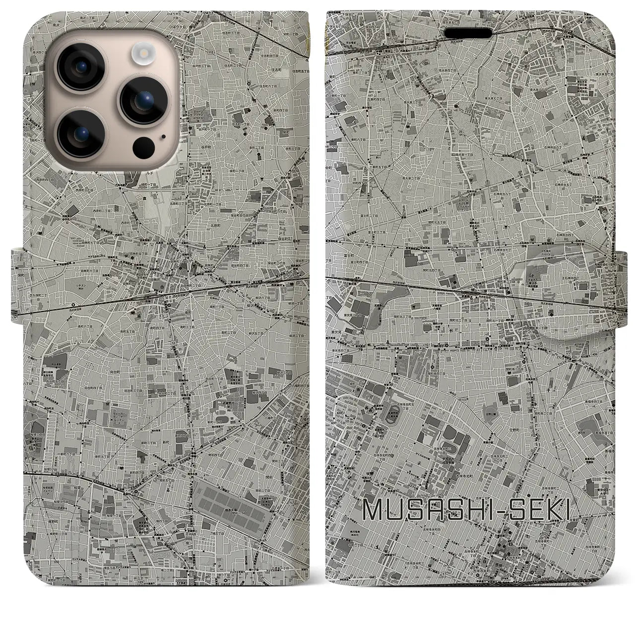 【武蔵関(東京都)】地図柄iPhoneケース(手帳タイプ)モノトーン・iPhone 16 Plus 用