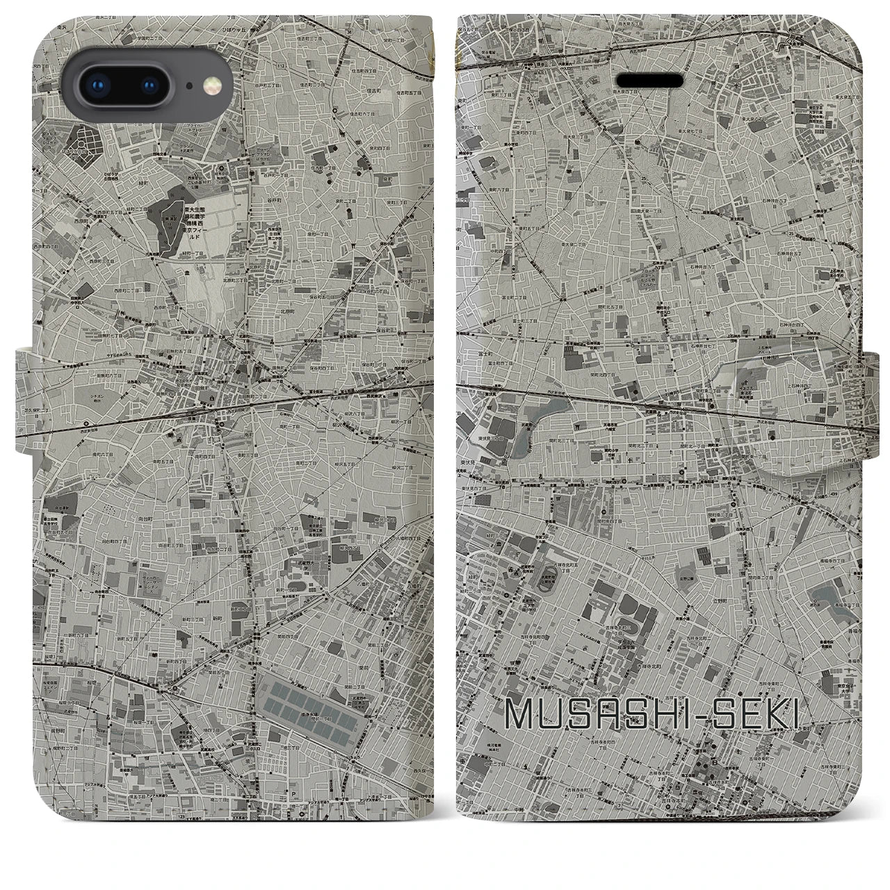 【武蔵関(東京都)】地図柄iPhoneケース(手帳タイプ)モノトーン・iPhone 8Plus /7Plus / 6sPlus / 6Plus 用