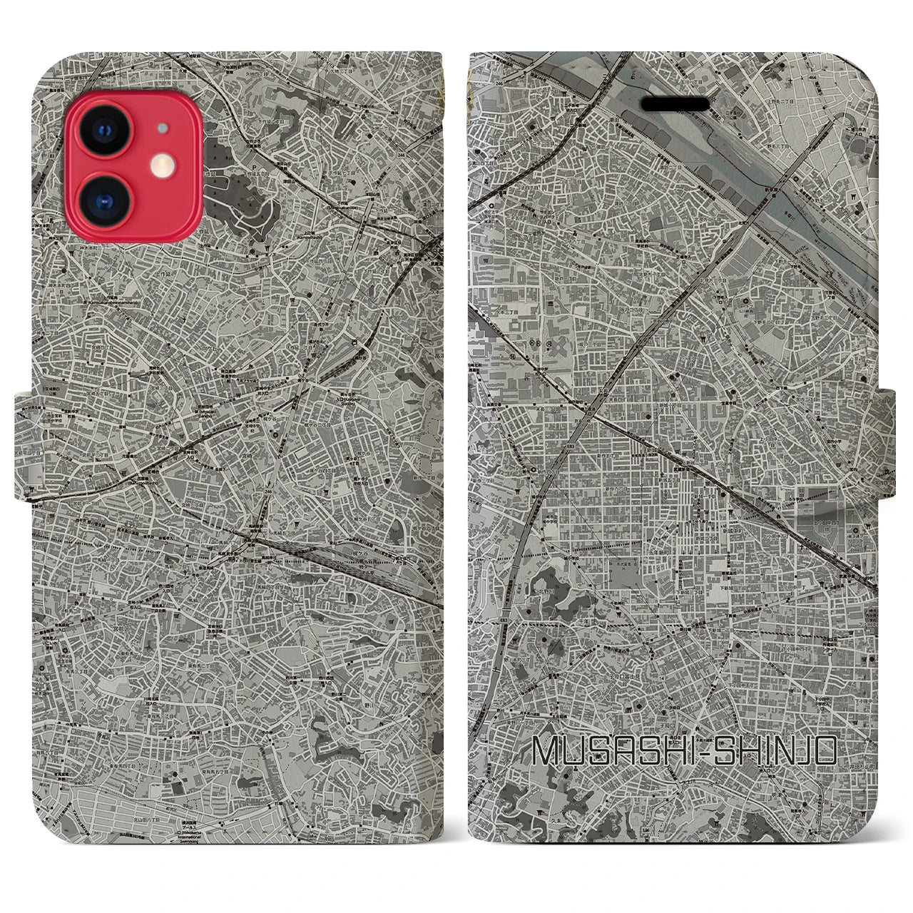 【武蔵新城(神奈川県)】地図柄iPhoneケース(手帳タイプ)モノトーン・iPhone 11 用